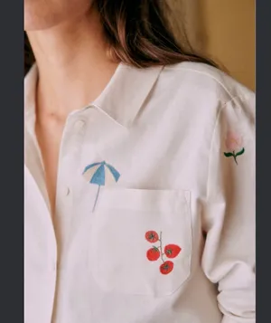Sézane x Pangea Tomboy Shirt Fruit Floral Embroidered Ecru Linen Button down thumbnail 2