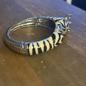 Vintage silver tone enamel zebra clamper bangle bracelet thumbnail 5