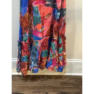 Farm Rio Animal Collage Maxi Dress Red Long Sleeves Tiered Beaded Tassels thumbnail 10