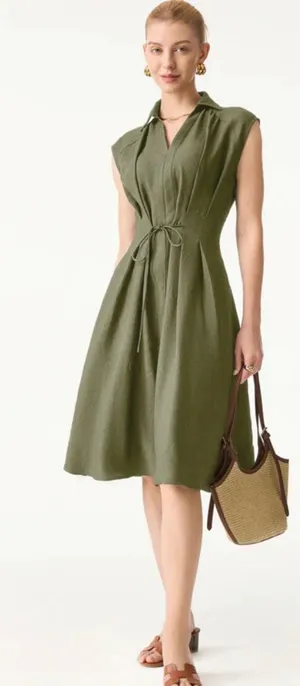 Brand New OGL Size Small Olive Green Midi Shirt Dress With Belt thumbnail 1