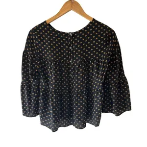 MADEWELL Silk Tiered Button-Back Top Heart Flip Black Gold 3/4 Sleeve Blouse siz thumbnail 4