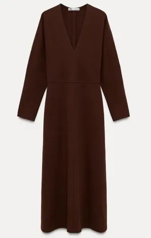 Zara Brown V-Neck Long Sleeve Maxi Dress thumbnail 1