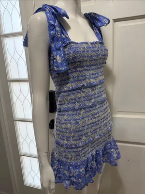 LoveShackFancy Belle Smocked Tie Straps Cotton Mini Dress Blue Jay Floral Print thumbnail 7