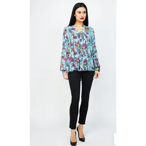 RD + Koko Anthropologie Blue Long Sleeved Teal Floral Printed Top” thumbnail 2