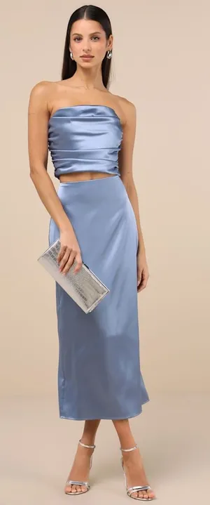 NWT Lulus Demure Sweetie Slate Blue Satin Strapless Two-Piece Midi Dress Sz XS thumbnail 1