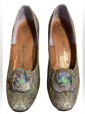 Vintage 1960'S Mademoiselle Light Blue & Gold Brocade Paisley Heels (7.5n) thumbnail 5