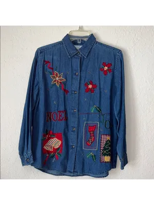 Vintage Jean Shirt Denim Shirt Holiday Embroidery Christmas Cottagecore 90s thumbnail 2