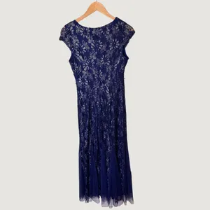 Candalete Royal Blue Silver Metallic Floral Lace Cap Sleeve Gown Maxi Dress S thumbnail 3