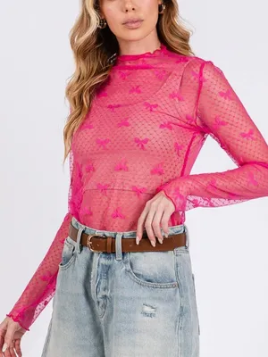 NWT Serra Red Mesh Bow Design Top Medium M Mock Neck Sheer Long Sleeve Aldi Find thumbnail 1