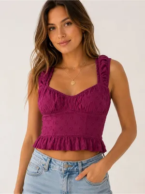 Hollister Plum Swiss Dot Bustier Peplum Crop Top Y2K Coquette XS thumbnail 1