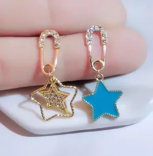 Crystal Stars Safety Pin Stud Drop Dangle Earring Gold thumbnail 1