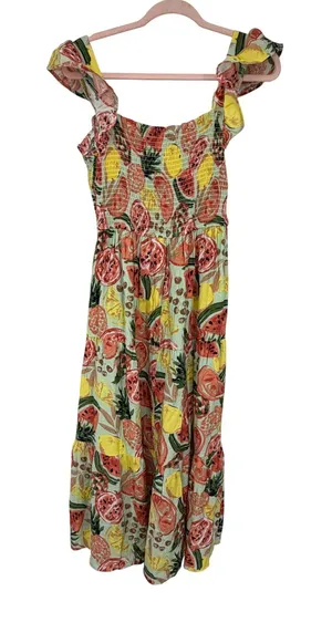 By The River‎ Fruit Print Smocked Midi Dress L Watermelon Lemon Ruffle Tiered thumbnail 1