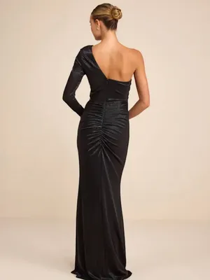 Lulu's One-Shoulder Black Cutout Ruched Slit Gown thumbnail 3