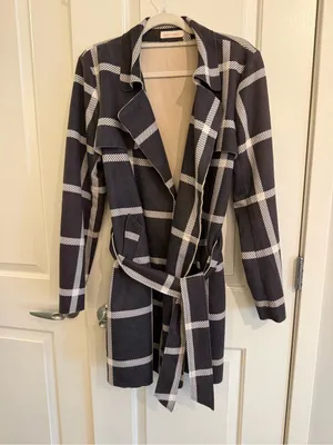 Solitaire Black & Cream Plaid Belted Trench Coat thumbnail 2