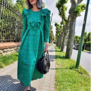 ZARA Broderie‎ Anglaise Cutwork Embroidered Eyelet Ruffle Midi Dress Green Sz XS thumbnail 6