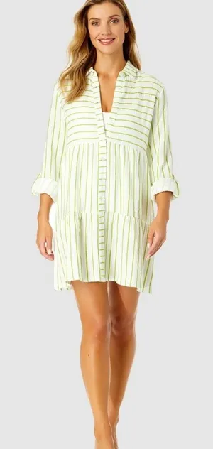 Anne Cole Ibiza Shirt Dress Womens S Lime Green NEW Striped Cotton Cover Up‎ thumbnail 1