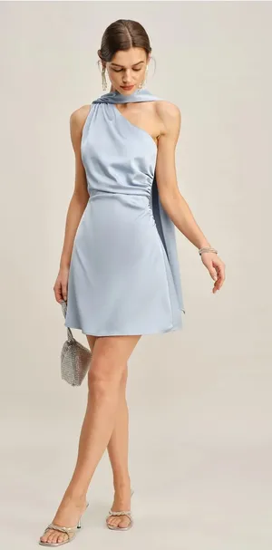 RIHOAS One-Shoulder Satin Mini Dress in Light Blue with Draped Scarf thumbnail 1