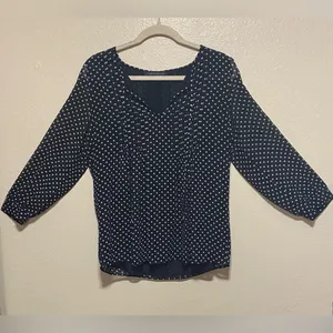 Tommy Hilfiger Navy Polka Dot Tie Front Semi Sheer Blouse Women’s Medium thumbnail 2