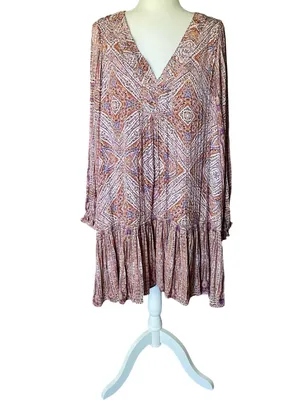Anthropologie Sabia Flounced Printed V-Neck Long Sleeve Tunic Dress thumbnail 3