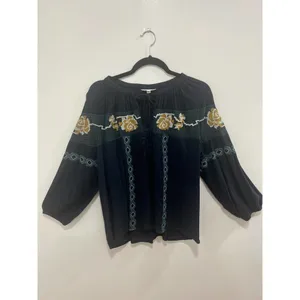 Lucky Brand Embroidered Boho Peasant Blouse Tie Neck M thumbnail 4