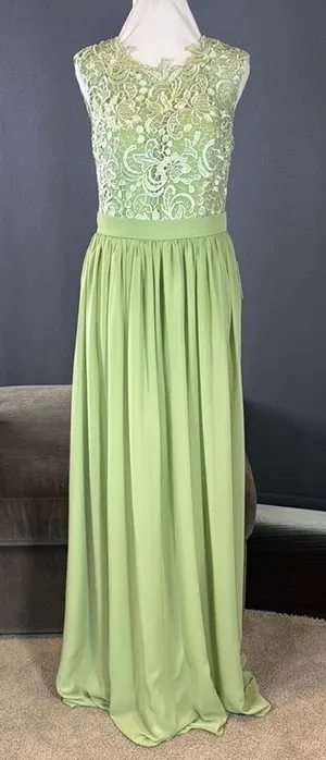 Women’s Green Full Length Sleeveless Chiffon Formal Dress Lace Bodice Size 6 NEW thumbnail 1
