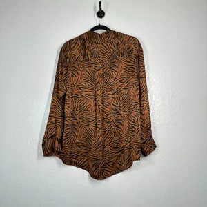 L Zara Women's Brown Tiger/Animal Print Stripes Button-Up Shirt Top Satin thumbnail 6