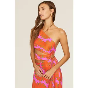Farm Rio Copacabana Orange Printed One Shoulder Cut Out Maxi Dress Size Large thumbnail 4