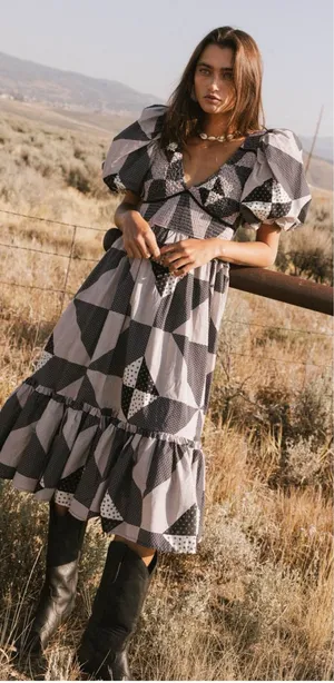 Bohme Brielle Patchwork Midi Dress Size Medium Puff Sleeve Check Plaid Boho thumbnail 1