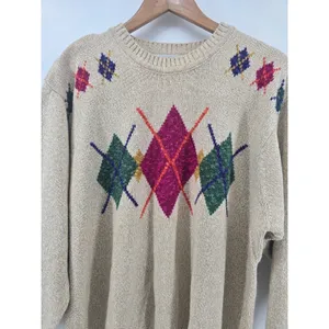 Elisabeth Sweater Womens 1 Argyle Tan Cotton Ramie Knit EUC thumbnail 2