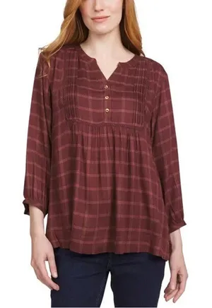 Wrangler Womens XXL Burgundy Plaid Pintuck Tunic Blouse Western Boho Cowgirl thumbnail 1
