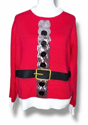 Ugly Merry Christmas Sweater White Red Textured Sequins Size M thumbnail 1