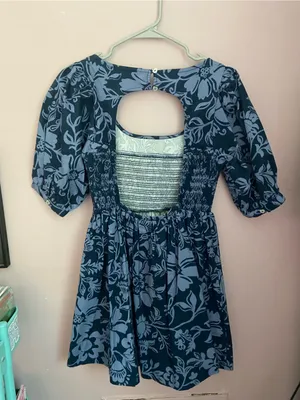 Free People Navy Blue Floral Square-Neck Mini Dress thumbnail 2