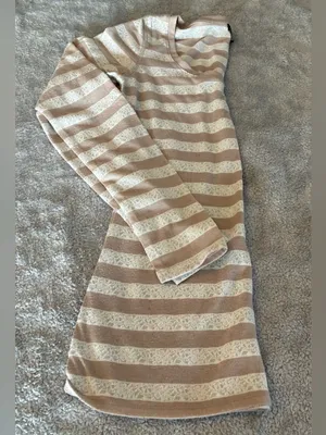 Women’s Express Striped Long-Sleeve Scoop Neck Top in Beige and White Size Small thumbnail 6