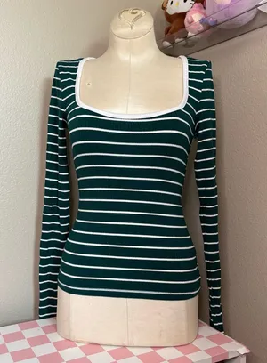 Riley daisy green preppy stripped long sleeve casual everyday y2k white XS thumbnail 1