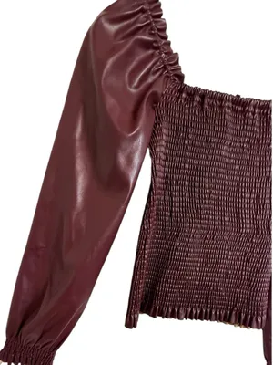 Ever After Faux Leather Smocked Puff Sleeve Top Burgundy Women’s M thumbnail 2