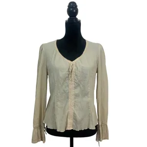 Esprit Womens XL Beige Cotton Gauze Crochet Lace Trim Boho Bell Sleeve Blouse thumbnail 2