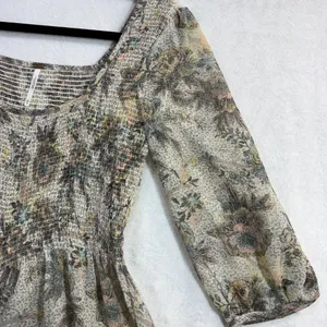 Free People XS Smocked Floral Sheer Peasant Ever After Top Boho Romantic Cottage thumbnail 5
