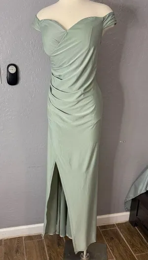 Faeriesty Plus Off Shoulder Ruched Wrap Hem Slit Gown, Green, 1XL thumbnail 1