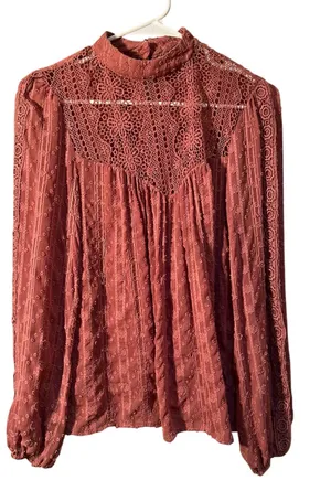 Hazel Women’s Size Small Blouse Long Sleeve Mock Neck Crochet Swiss Dot Metallic thumbnail 1
