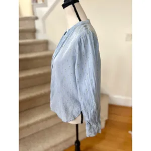 Roller Rabbit Cotton Light Blue Metallic Gold Dot Popover Long Sleeve Blouse thumbnail 4