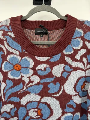 Driftwood Floral Jacquard Cropped Crewneck Sweater Rust Blue L NWT thumbnail 4