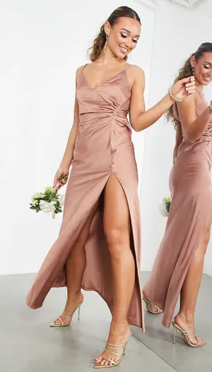 ASOS Edition Satin Twist-Detail V-Neck Maxi Dress in Cinnamon Rose Size 10 New thumbnail 1