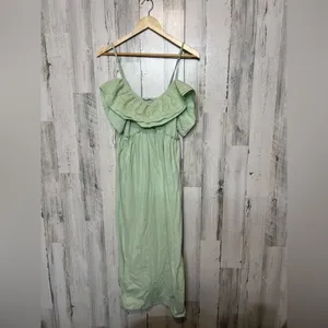ZARA Green Eyelet Ruffle Maxi Dress Small Off Shoulder Cottagecore Summer thumbnail 2