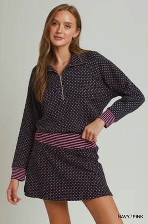 Umgee Polka Dot Half Zip Sweatshirt - Navy/Pink - Medium thumbnail 1