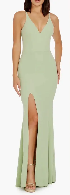 NWOT Dress the Population Iris Sage green Dress slit gown sz S thumbnail 1