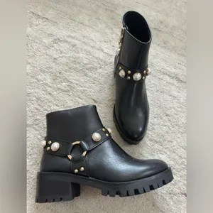 Karl Lagerfeld Paris Pixie Embellished Moto Leather Booties NWOT pearls 8.5 thumbnail 7