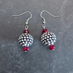 Vintage Hook Dangle Earrings Glam Silver Tone Studded Ball with Red Accent Bead thumbnail 2
