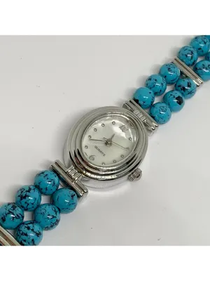 turquoise beaded bracelet silver tone women watch mop dial 19mm oval 7” running thumbnail 2
