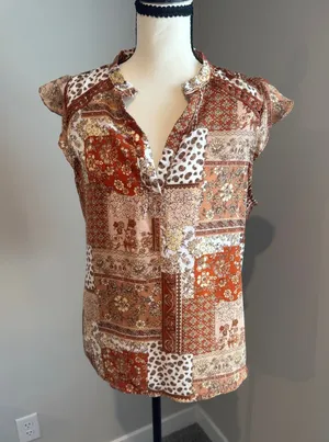 Patchwork Rust Floral Cap Sleeve Blouse Orange Size L thumbnail 1