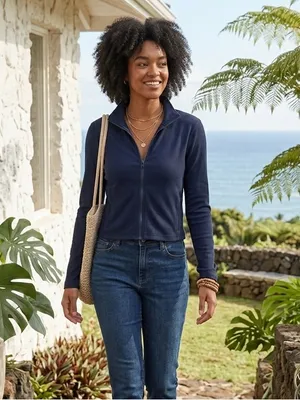 ABERCROMBIE & FITCH Cropped Ribbed Zip Up Jacket | Athleisure Mock Neck thumbnail 2